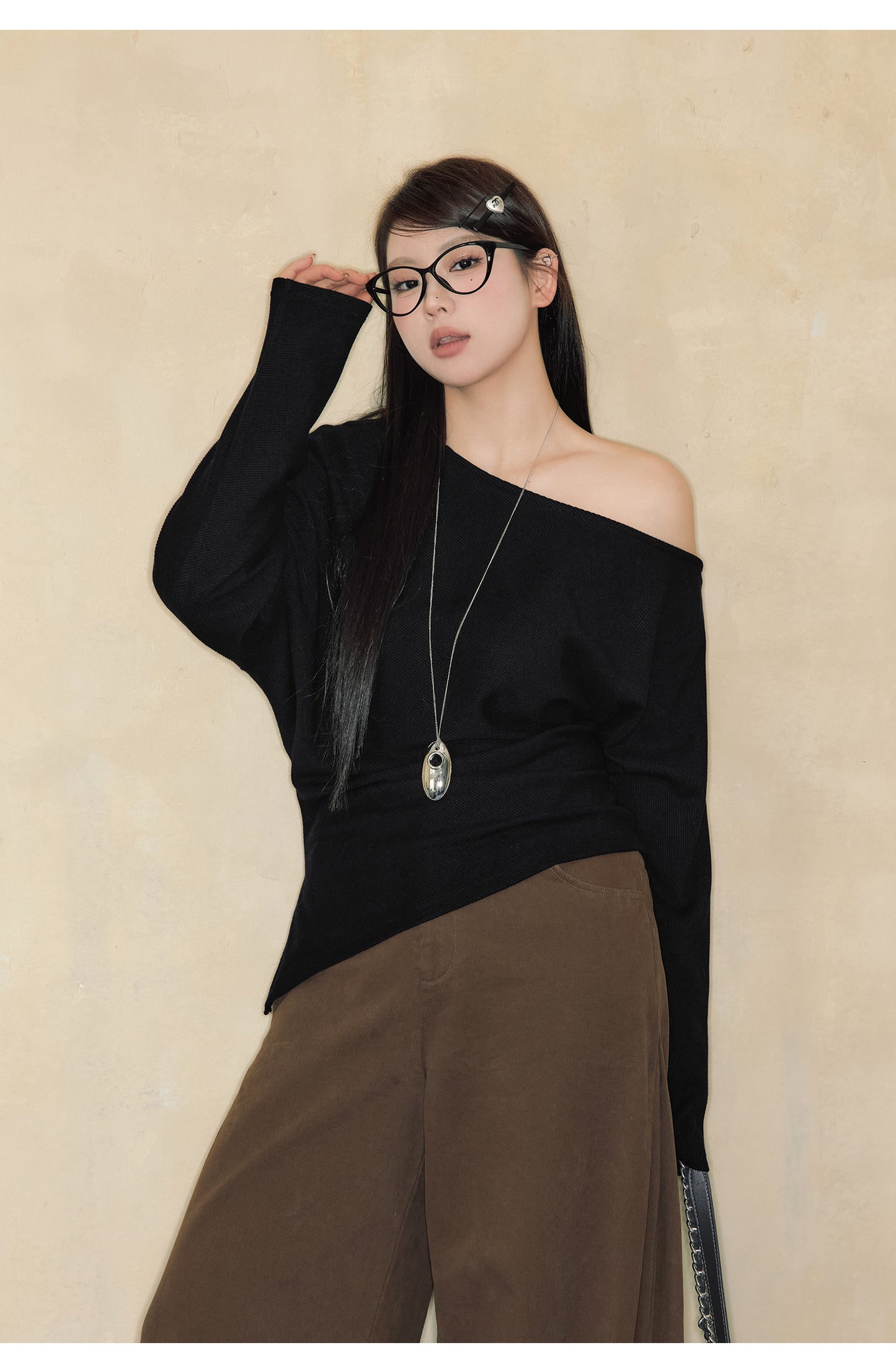Women's One-shoulder Cold Shoulder Long-sleeved Shirt Plus Size Top