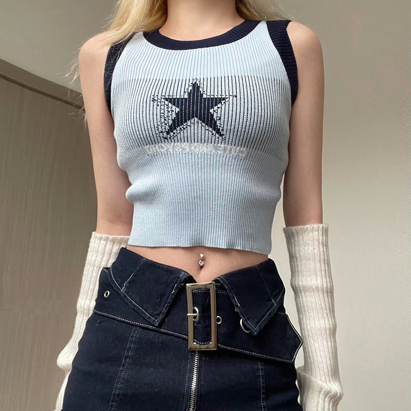 Star Contrast Color Vest Sleeveless Slimming Short Top