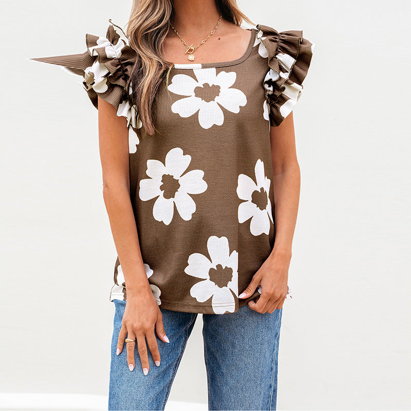 European And American Fashion Flower Texture Ruffled Short Sleeves