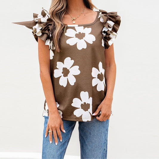 European And American Fashion Flower Texture Ruffled Short Sleeves