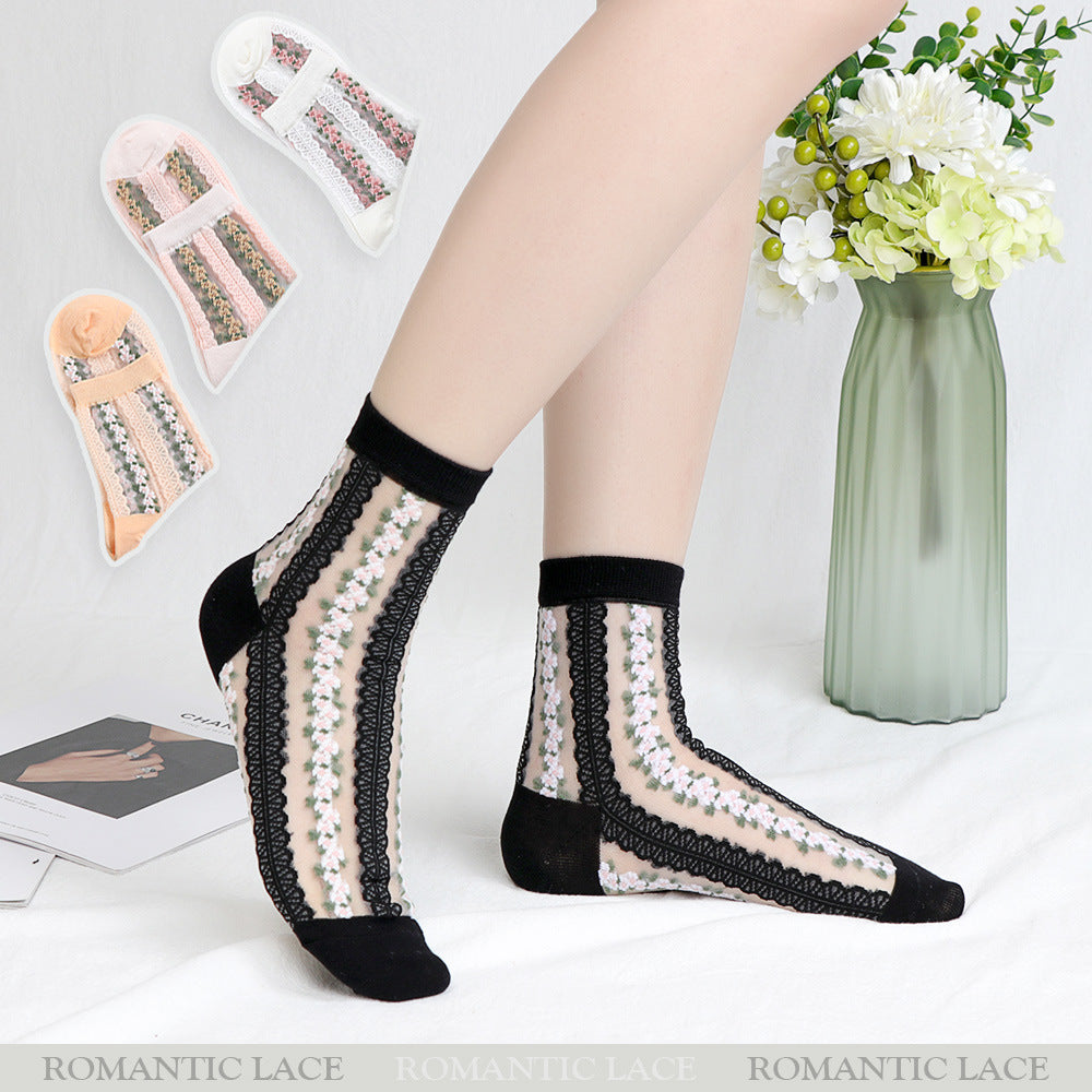 Women's Mid-calf Ins Fashionable Small Floral Transparent Spun Glass Summer Thin Stockings