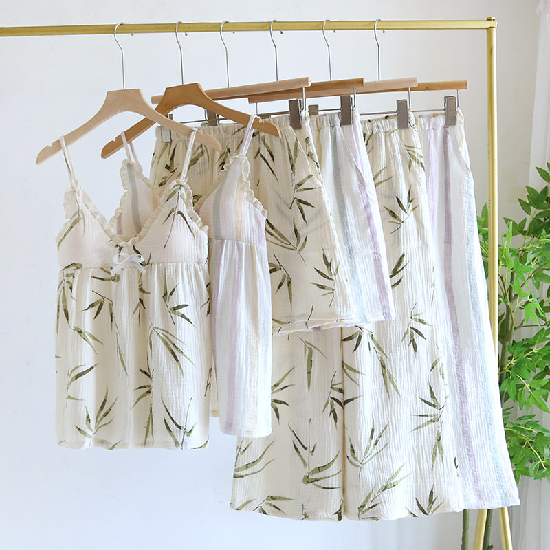 Dame Tredelt Pyjamas Med Sommer Seler i Ren Bomuld