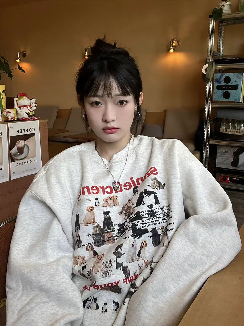 Retro Cartoon Cat Puppy Gray Round-collar Sweater