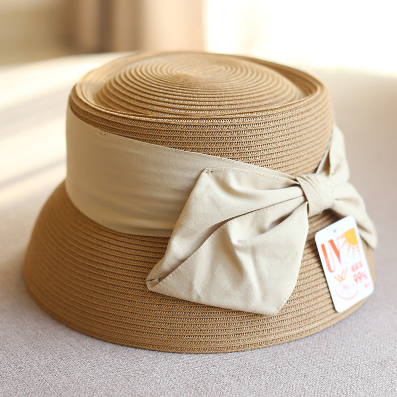 Concave Top Straw Woven Bucket Hat Cotton Bow