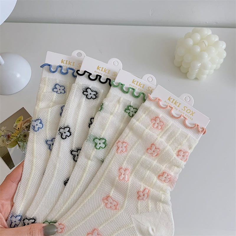 Mesh Stockings Children's College Style Wooden Ear Vertical Stripes Small Flower Tube Socks