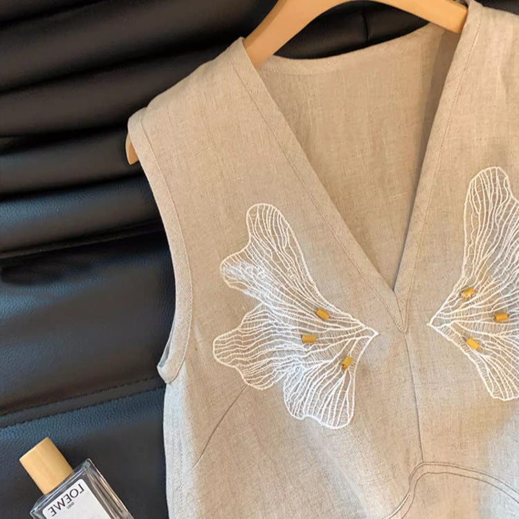 Laqian-stil broderet hørvest med V-udskæring til kvinder Sommer high-end alsidig løs slankende ærmeløs top