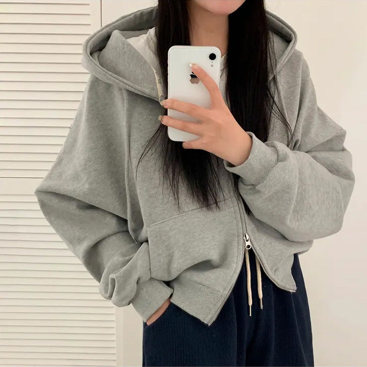 Casual Hooded Personality Double Zipper Fleece Padded Sweater Coat