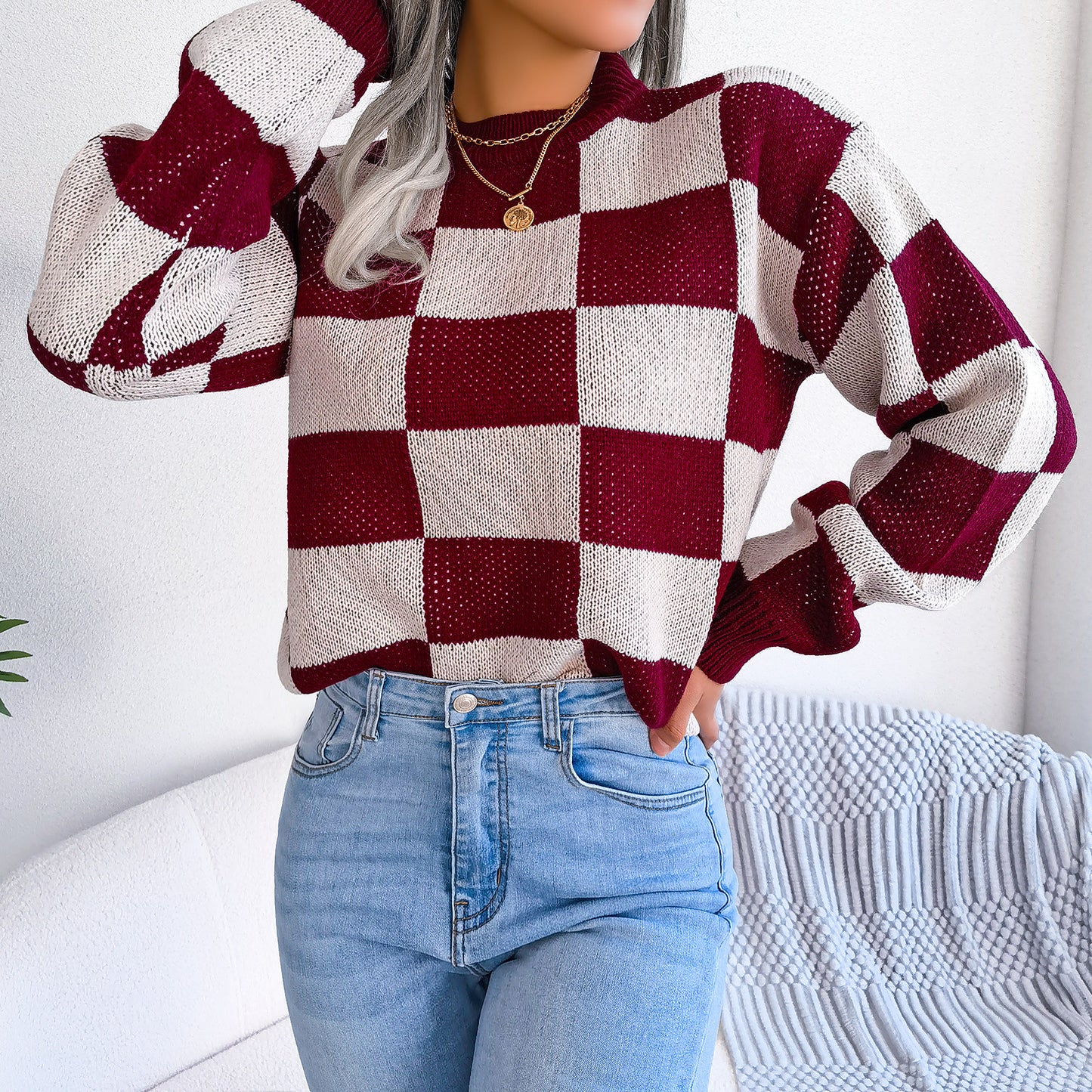 Autumn And Winter Contrast Color Plaid Long Sleeve Pullover Knitted Sweater