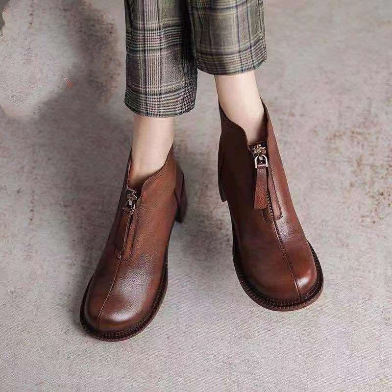 Autumn Leather Soft-soled Short Boots With Front Zipper And Thick Heel