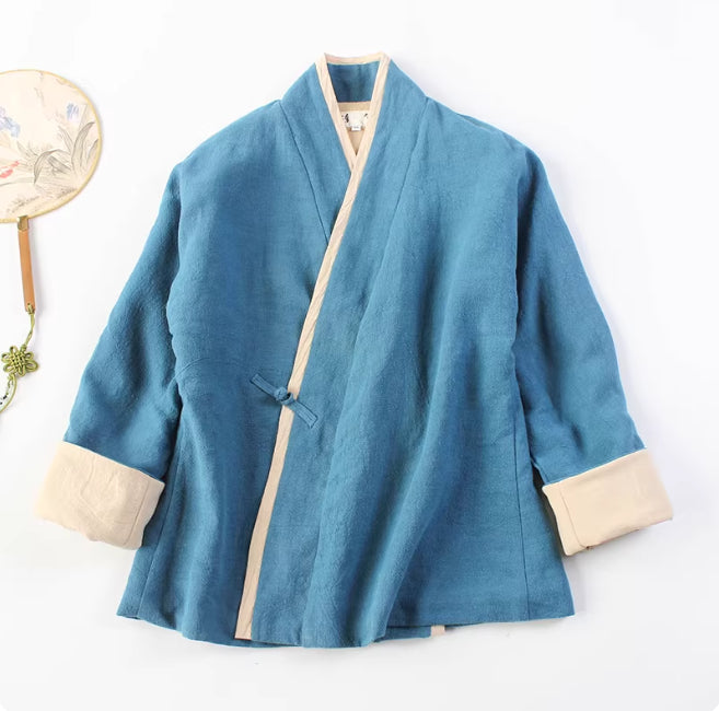 Lapel-button Tang-style Cotton-linen Modified Hanfu Tea-wearing Outfit Womens Zen Meditation Attire