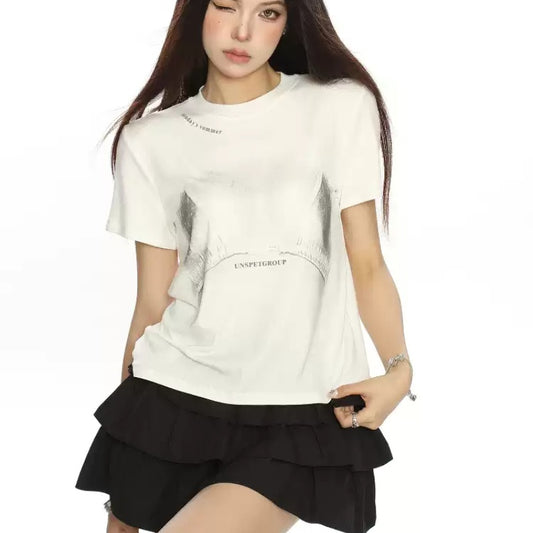 Printed Shoulder Short-sleeved T-shirt For Women Summer Idle Style