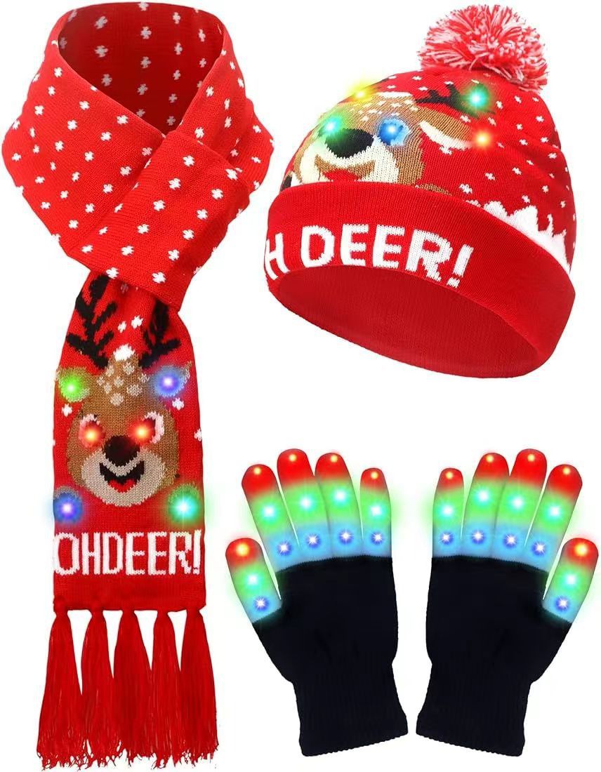 LED Christmas Knitted Hat Scarf Gloves Three-piece Set