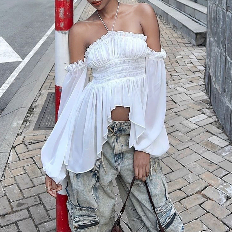 Off-shoulder Pleated Ruffled Slim Fit Lantern Long Sleeve Halter Top Women