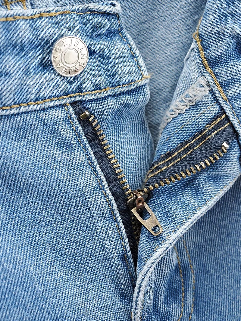 Vaskede Blå Bukser med Lommer Høj Talje Brede Ben Jeans Kvinder Casual Jeans