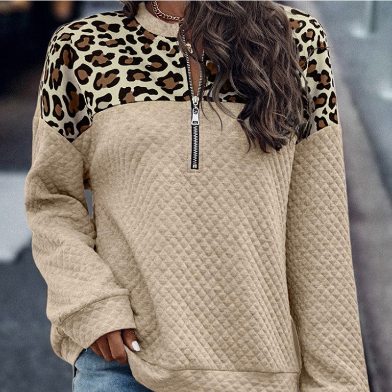 Vinter ny leopard-splejset sweater med sænkede skuldre og lynlås til kvinder