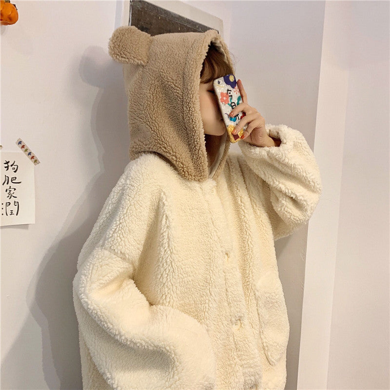 Cute Bear Ear Coat For Women Lamb Wool Winter Cardigan Top