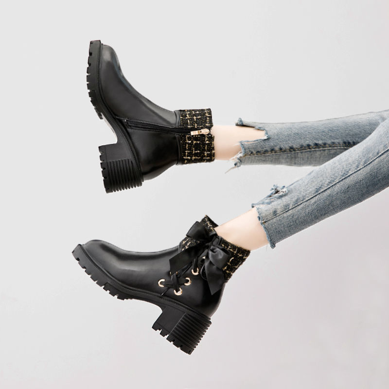 Soft Leather Spring And Autumn Bow Thick Heel Short Female Martin Boots