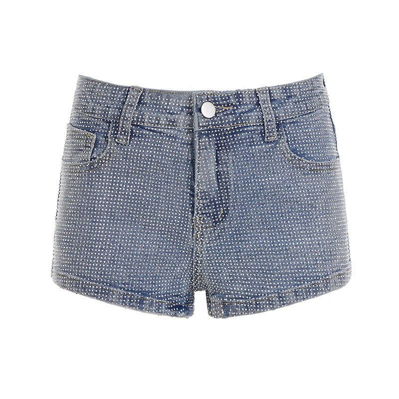 Fashionable Sparkly Heat-applied Rhinestone Low-rise Denim Hip-hugging Shorts