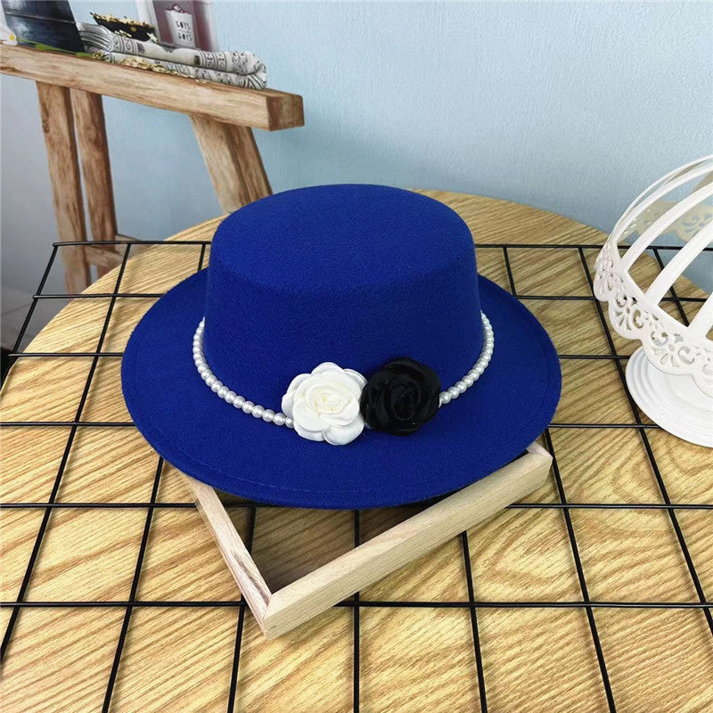 Vintage Hattedame Perlekæde Blomster Uld Flad Hat