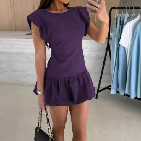 Womens Solid-Color Fashion Short-Sleeve Ruffle-Trim Dress