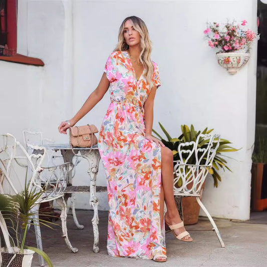 Fashion Printed Short Sleeve Lace-up Dress Women's Clothing