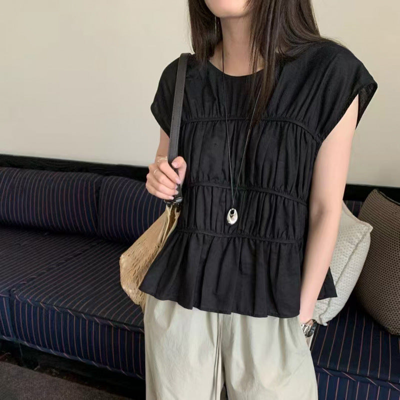 Sweet Temperament Pure Color Pleated Round Neck Versatile Design Sleeveless Pullover Shirt Top For Women