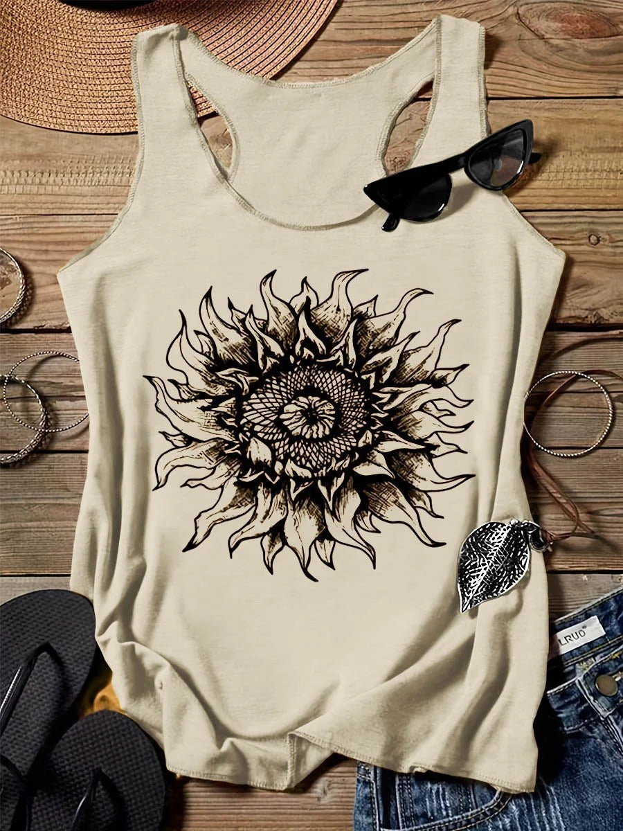 202 Casual Round Neck Narrow Edge Top Loose Sports Pattern Digital Printing Vest Women's Clothing