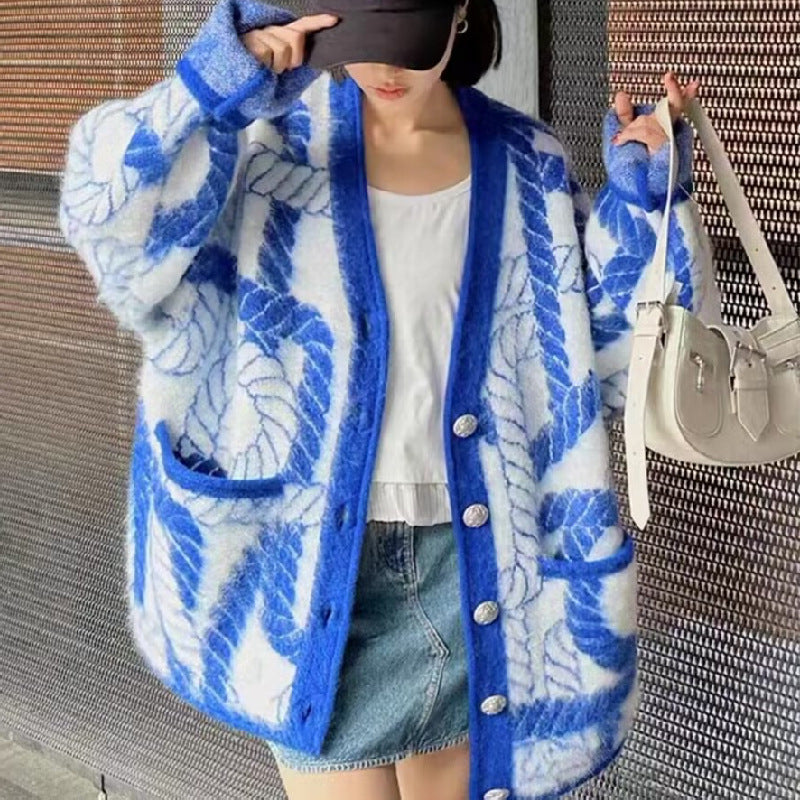 Contrast Color Korean Style Loose Chic Style Cardigan Mid-length Coat For Women