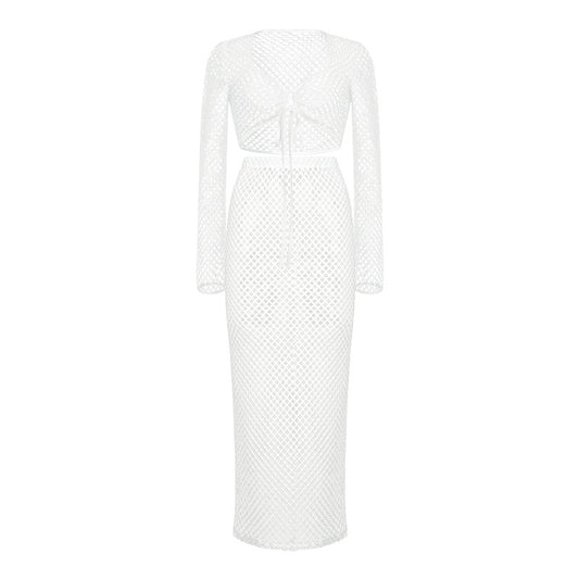 Lace Mesh Long Sleeve Narrow Casual Knitted Maxi Dress Suit