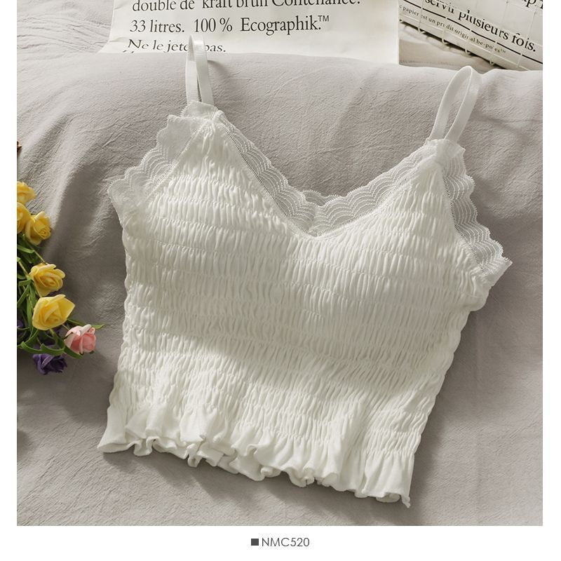 Internet Hot New French Pleated Lace Small Sling Vest