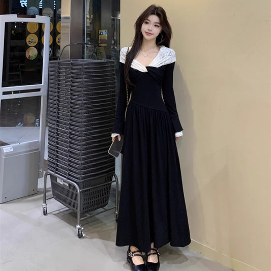 Womens Fashionable Patchwork Lace Long-Sleeve Dress