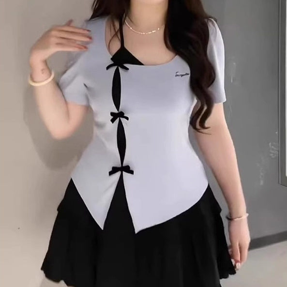 Uregelmæssig sløjfe kortærmet T-shirt i plus size med falske todelte design, moderigtig