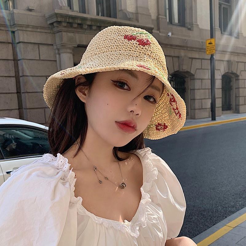 Women's Cherry  Straw Hat Bucket Cover The Face Is Prevented