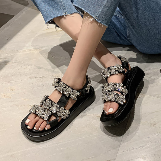 Thick Sole Muffin Heel Rhinestone Sandals