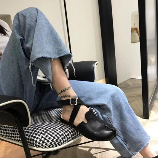 Niche Split Toe Pig's Knuckle Half Slippers Leather Beef Tendon Soft Sole Shoes