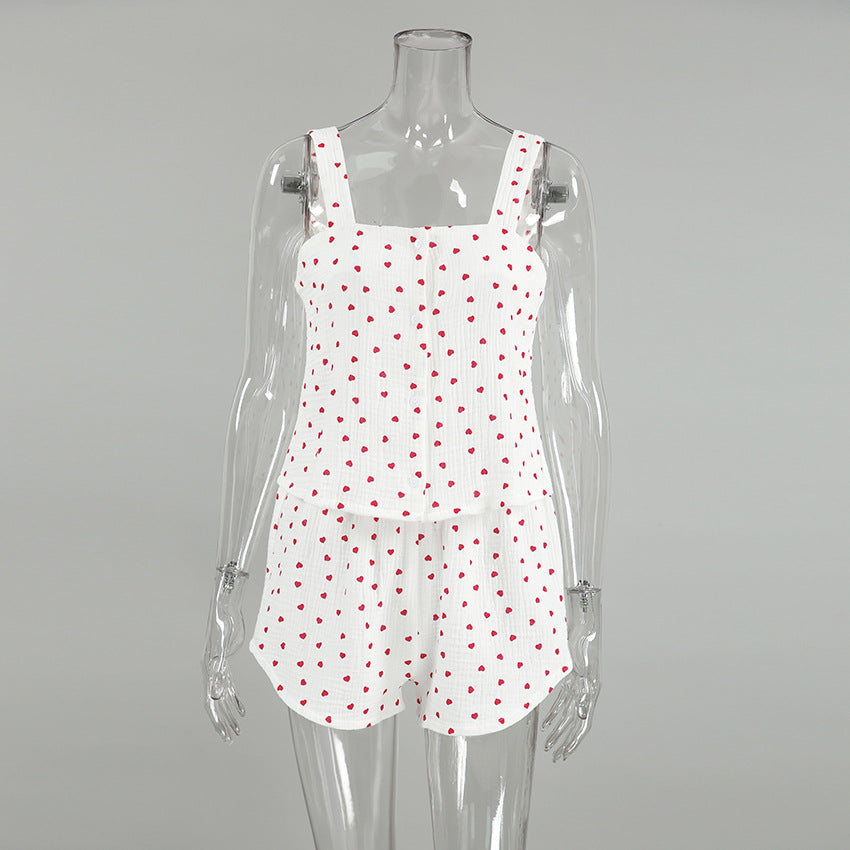 100 Cotton Designer Square-Neck Cami Top And Shorts Set With Heart Print Two-Piece Outfit