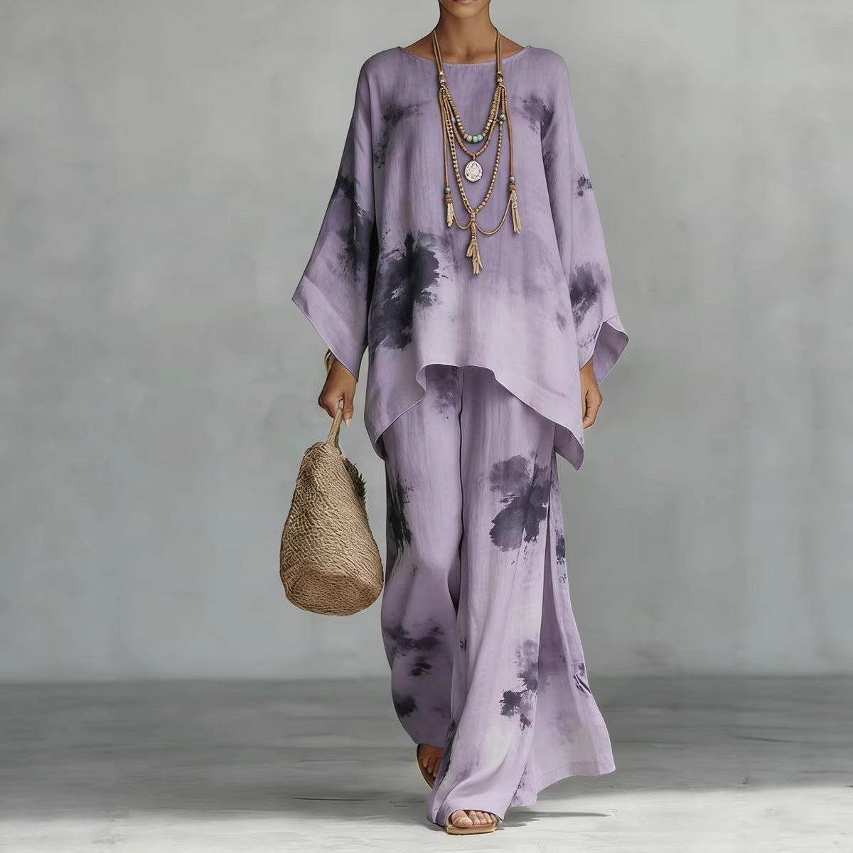 Women's Floral Print Linen Wide-Leg Two-Piece Set