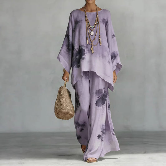Women's Floral Print Linen Wide-Leg Two-Piece Set