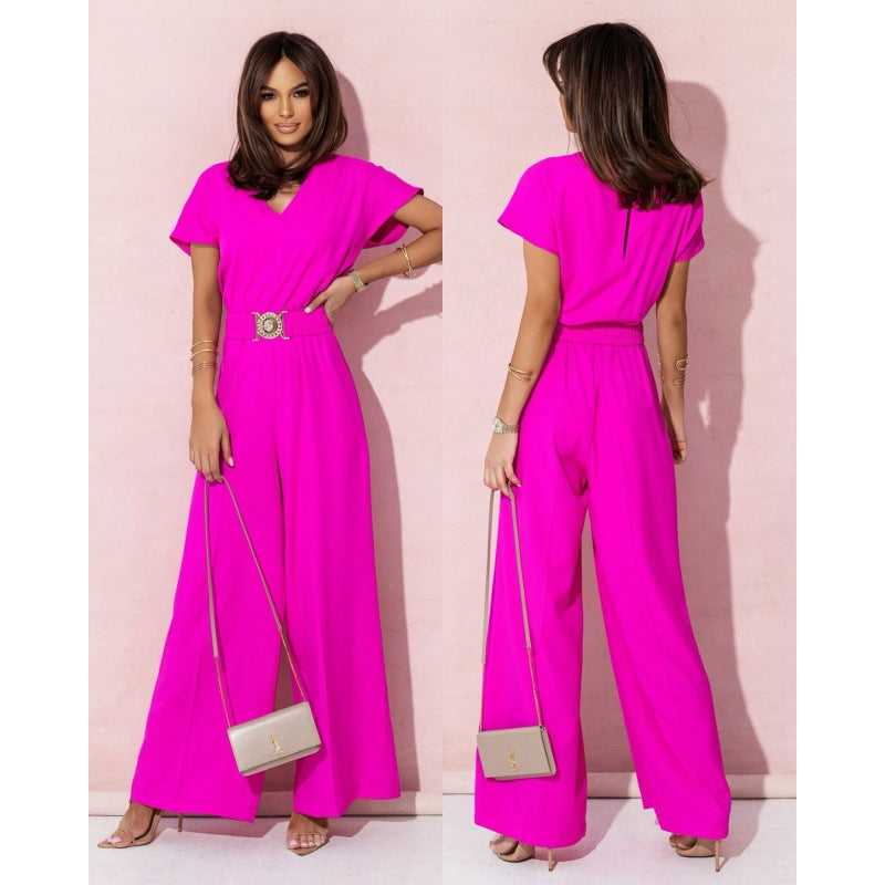 Solid Color And V-neck Waist Trimming Short-sleeved Casual Trousers Jumpsuit