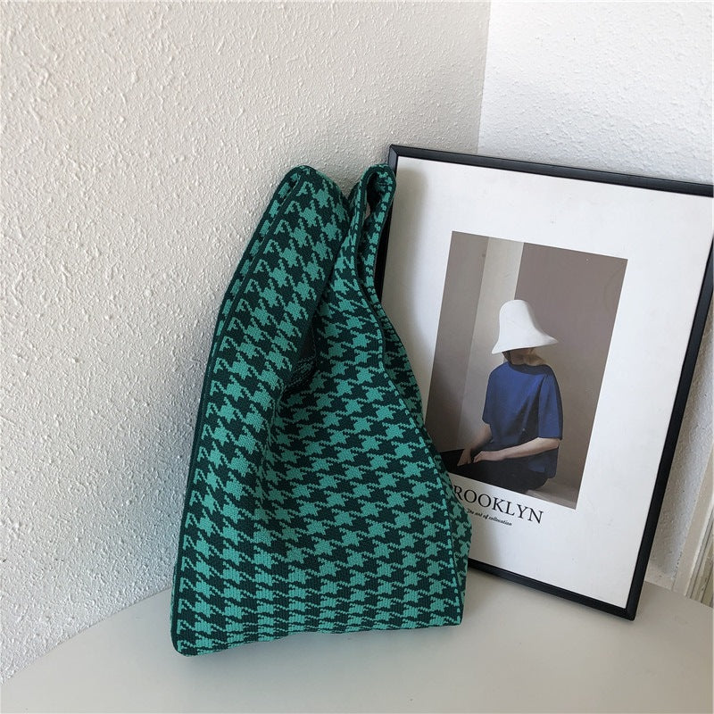 Checkerboard Wool Knit Woven One-shoulder Armpit Bag