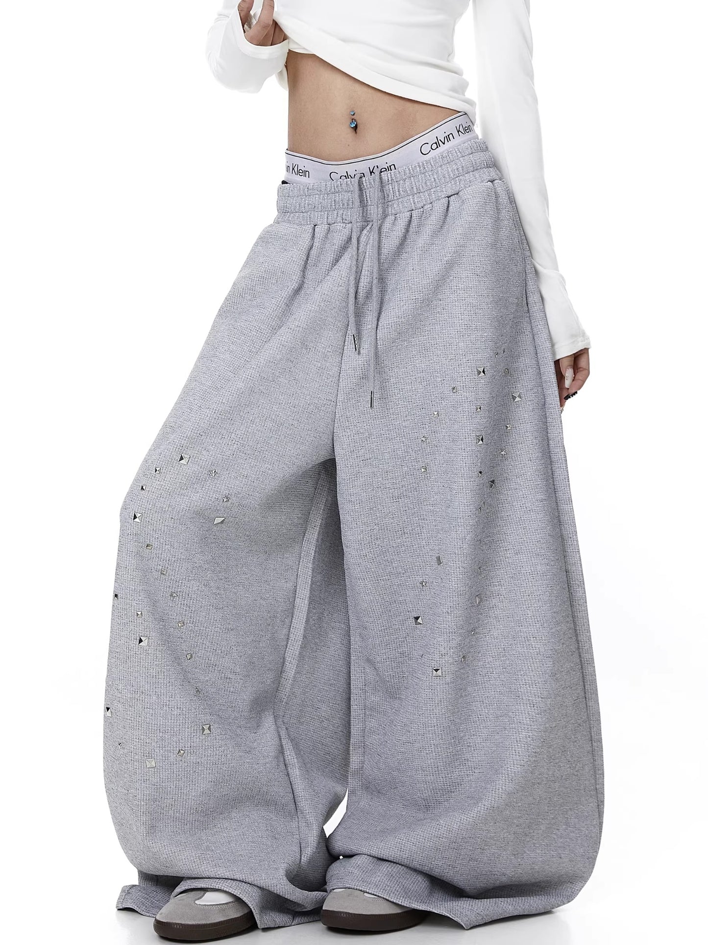 Womens American-Style Retro Heavy-Duty Rivet Straight Sweatpants