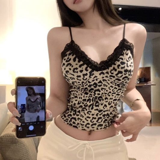 American-style Sassy Leopard-print Lace Camisole