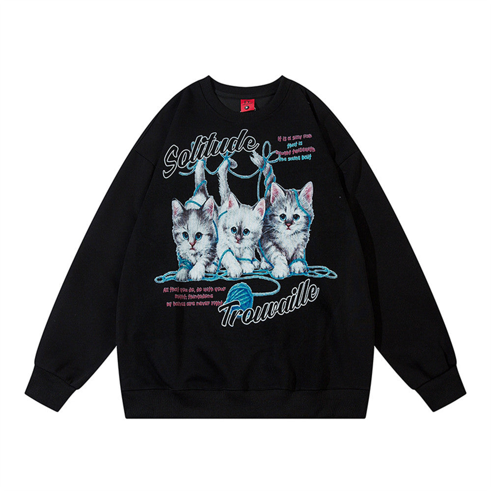 Men's Pullover Kitten Print Loose Round Neck Sweater