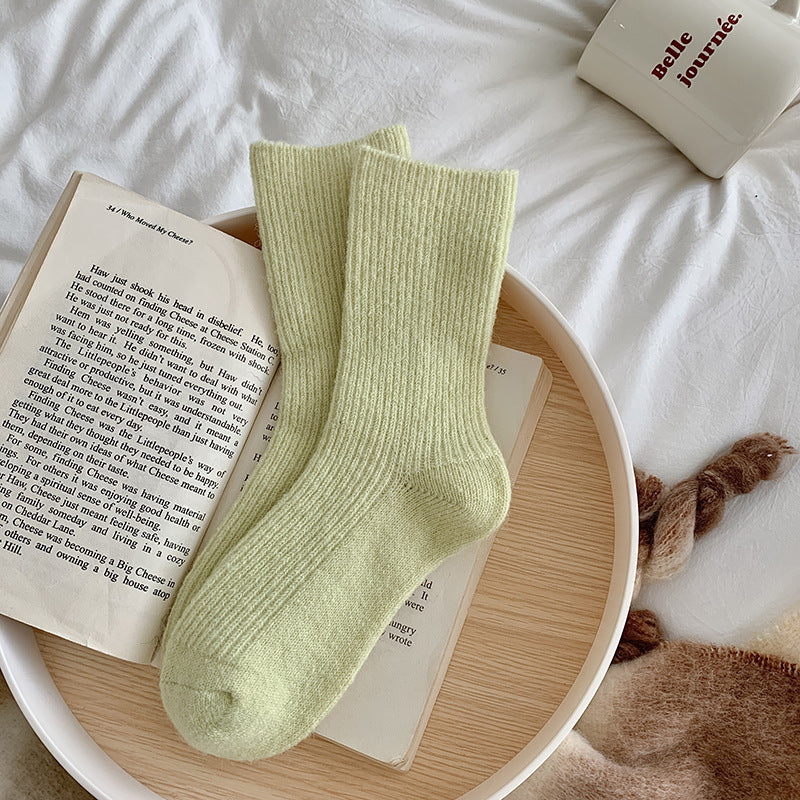 Solid-color, Fleece-lined, Extra-thick Warm Wool Socks For Women