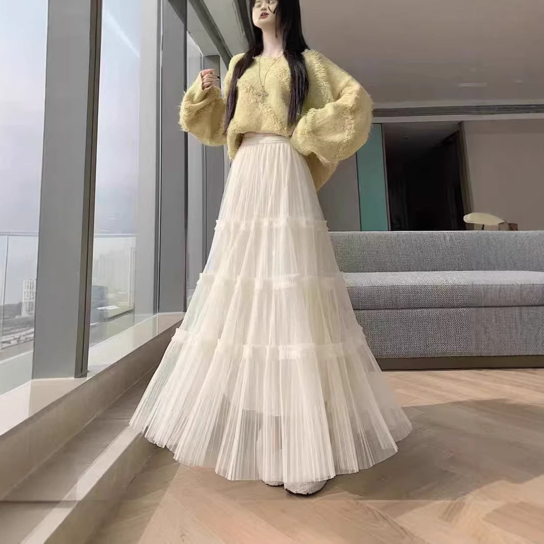 French-style Ruffled Mesh Panel Puffy Skirt