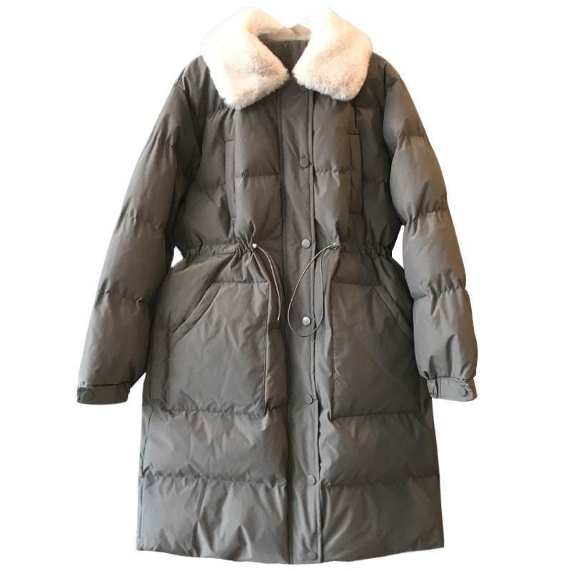 Rabbit Fur Collar Waist Drawstring Long Warm Cotton Jacket