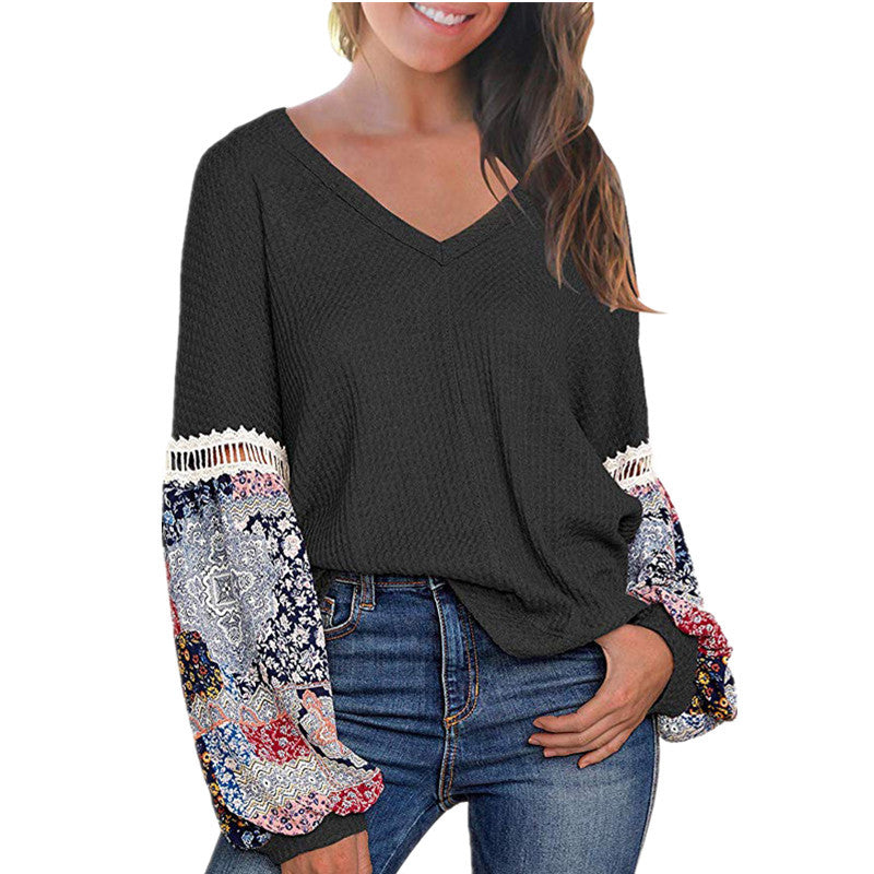 New European And American Autumn And Winter V-neck Waffle Loose Printed Long-sleeved T-shirt