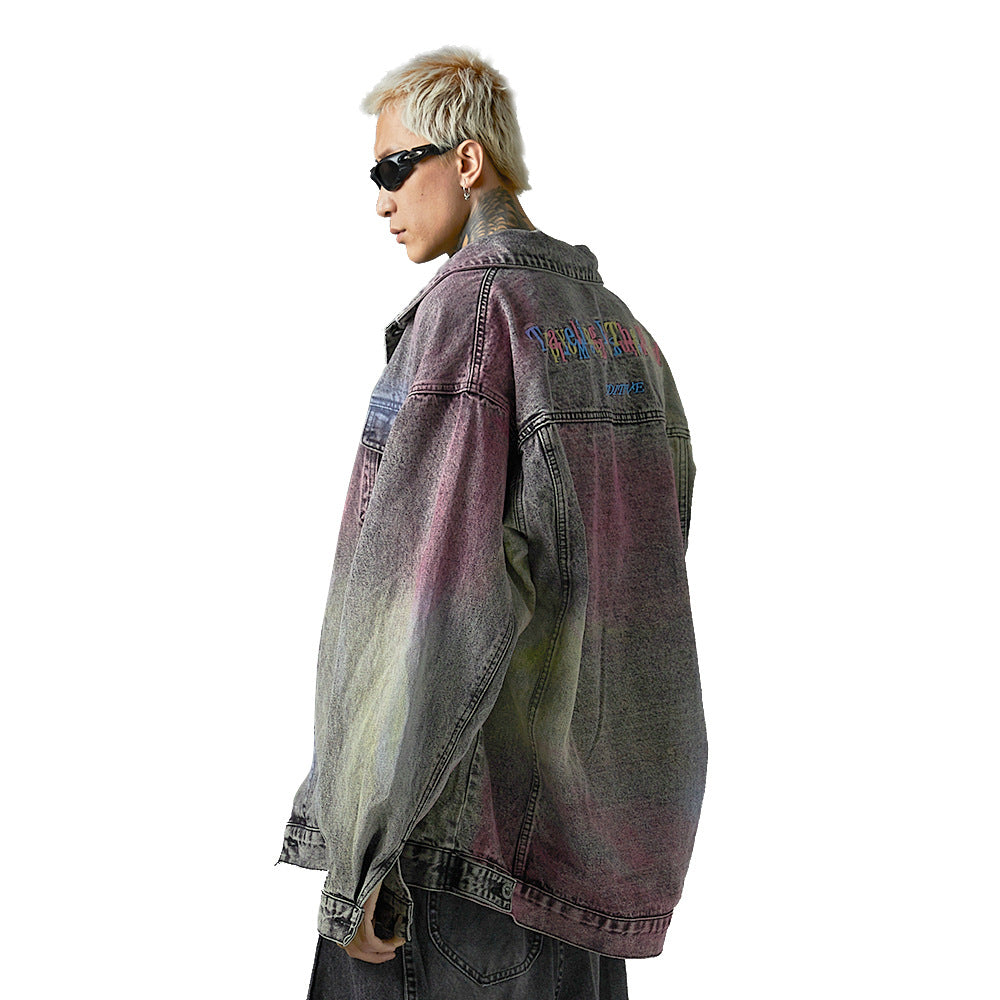 Colored String Spray Embroidery Denim Coat Tie-dyed Washed And Worn Loose