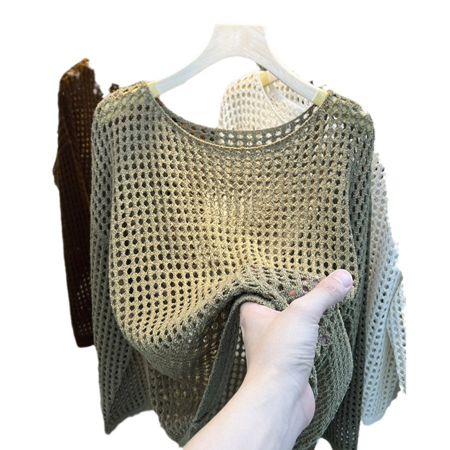 Sexy Pure Want To Wear Round Neck Long Sleeve Hollow Knitted Mesh Shirt