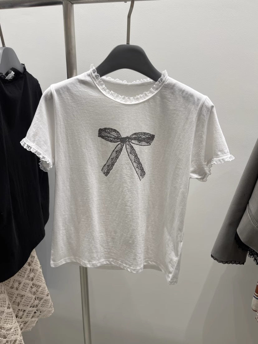 Lace Stitching Bow Printed Round Neck Short Sleeve